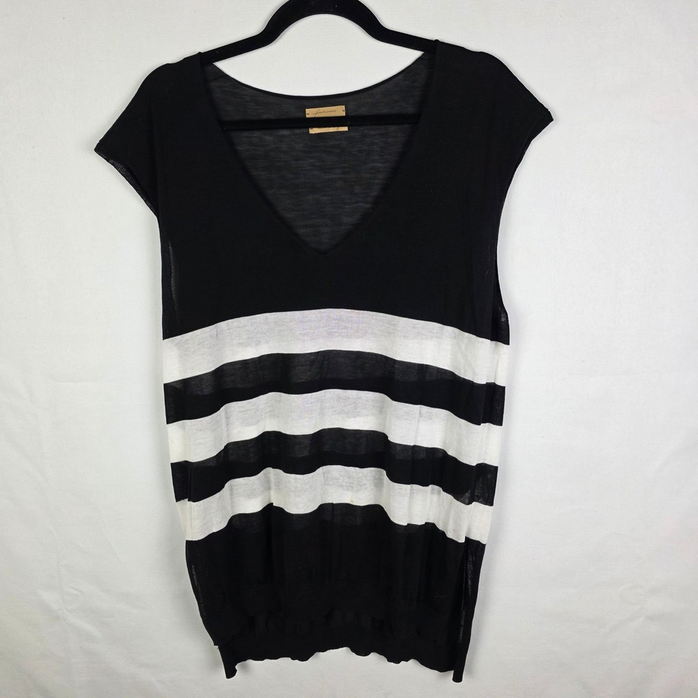 Falconeri Italy Womens Lg Black White Striped Cotton V-Neck Knit Top Sleeveless